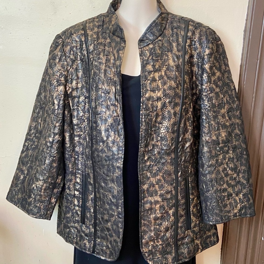 Chicos, Black and Gold Faux Reptile Leather Jacket  Size 2